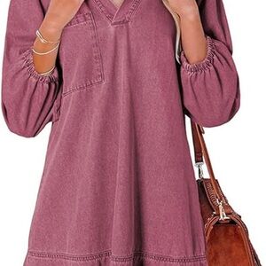 Women XL 3/4 Sleeve Ruffle Denim Dress